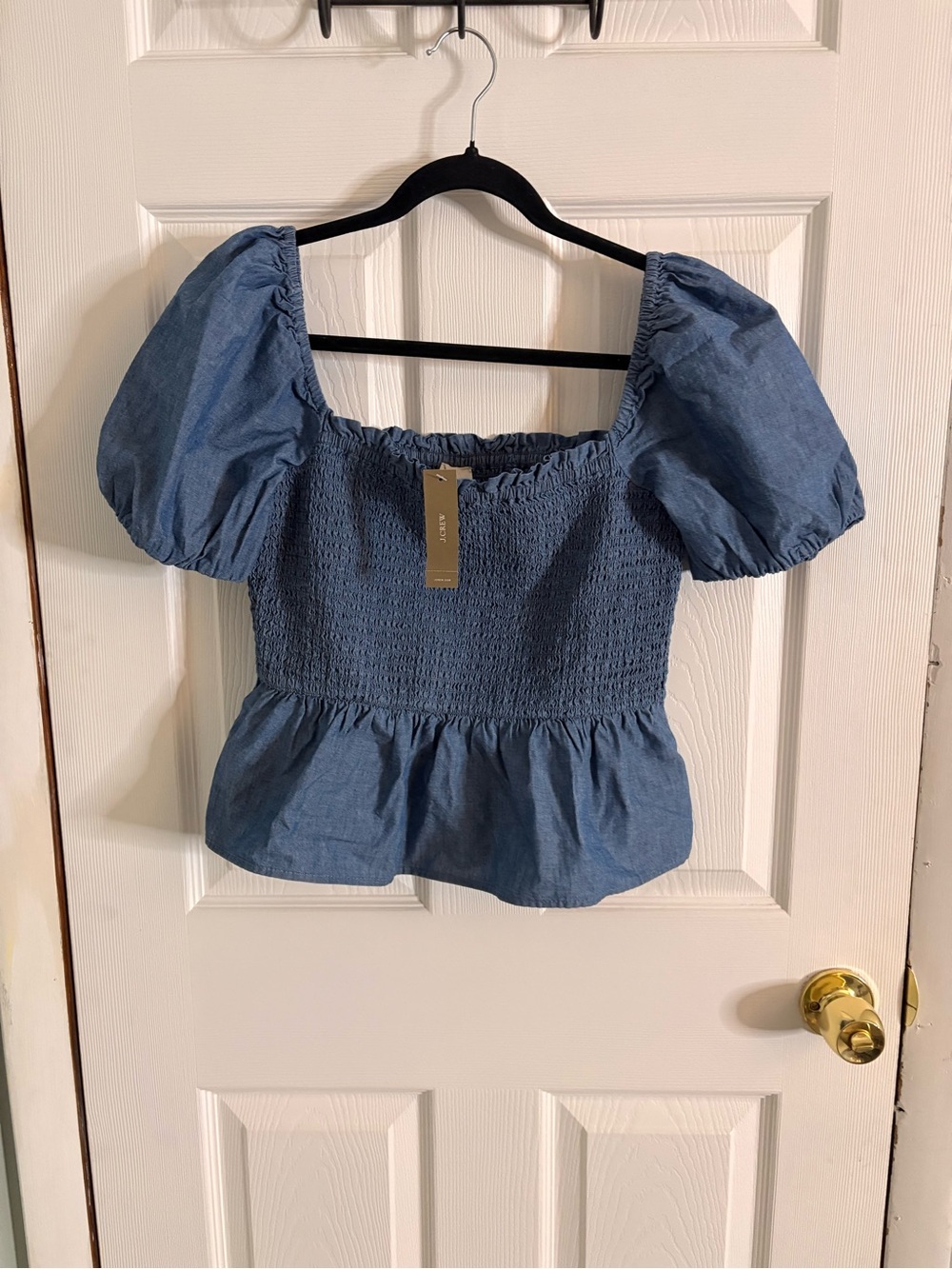 NWT Women’s J Crew Square Neck Chambray Smocked Coastal Nautical Preppy Top Sz M